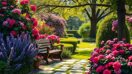 Beautiful spring garden with a bench and blooming flowers on a sunny dayの写真素材