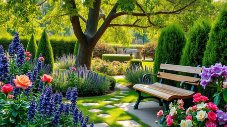 Beautiful spring garden with a bench and blooming flowers on a sunny dayの写真素材