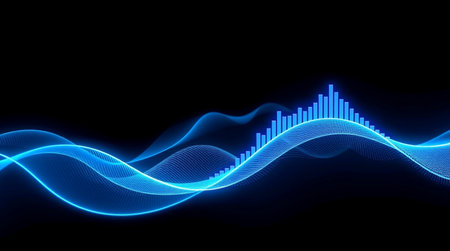 abstract blue sound wave on black background. 3d vector illustrationの写真素材