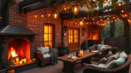 3d rendering of a cozy terrace with a fireplace in the eveningの写真素材
