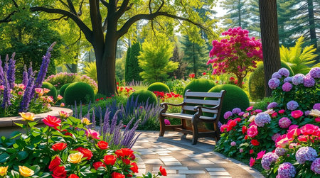 Beautiful flower garden with bench and blooming flowers in spring.の写真素材