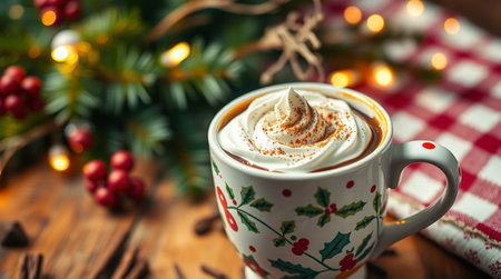 Hot chocolate with whipped cream in a cup on a wooden background.の写真素材