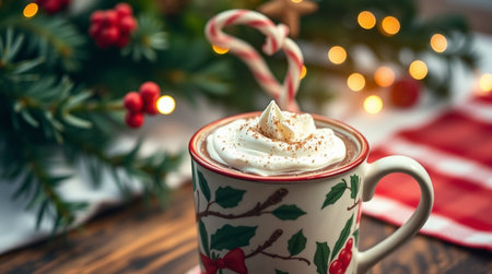 Cup of hot chocolate with whipped cream and christmas decoration on wooden tableの写真素材