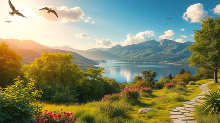 Beautiful summer landscape. Panoramic view of lake and mountains.