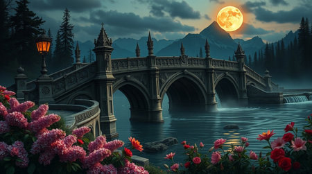 Fantasy landscape with a bridge over a mountain lake and a full moonの写真素材