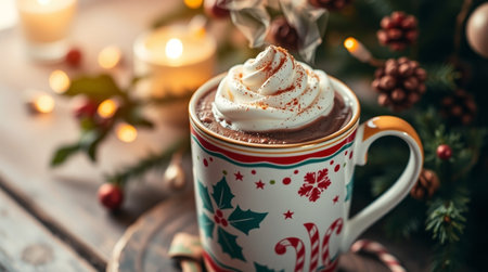 Hot chocolate with whipped cream and christmas decorations on wooden background.の写真素材