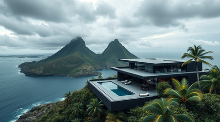 3d rendering of modern cozy house with pool and parking for sale or rent. Luxury house in the sea.の写真素材