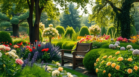Beautiful blooming garden in spring time with bench and flowers.の写真素材