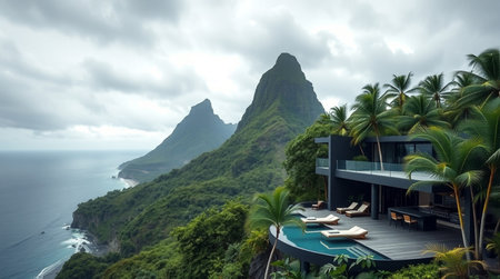 Luxury villa with swimming pool and beach view. 3d renderingの写真素材