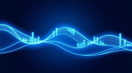 abstract music wave equalizer on dark blue background, vector illustrationの写真素材