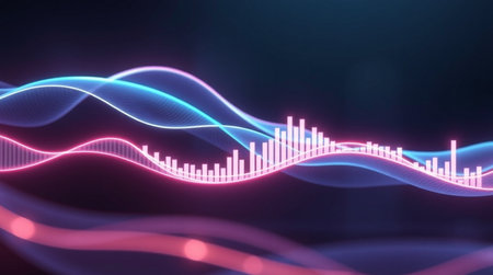 abstract 3d illustration of sound wave in blue and pink colorsの写真素材