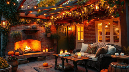 3D rendering of a cozy house with a fireplace and a deckの写真素材