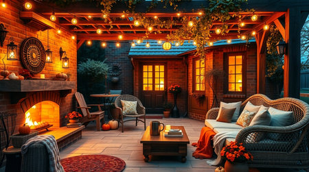 3D rendering of a cozy terrace in the garden at nightの写真素材