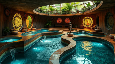 Vacation in a wooden cave. 3D render of a room with a swimming pool