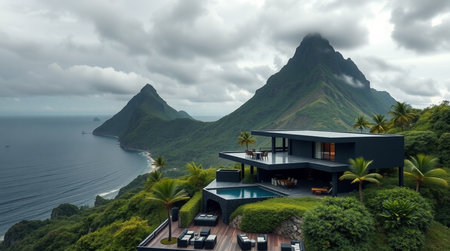 3d rendering of modern cozy house with pool and parking for sale or rent in luxurious style. Mountain on background.の写真素材