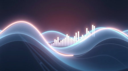 abstract 3d illustration of sound waves in dark background with blue lightの写真素材