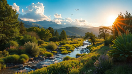 Sunset over a mountain river in the summer. Summer landscape.