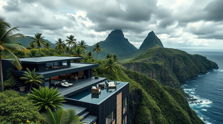 3d rendering of modern cozy house with pool and parking for sale or rent. Beautiful tropical island in the background.の写真素材