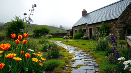 Landscape of a cottage with tulips in a foggy morningの写真素材