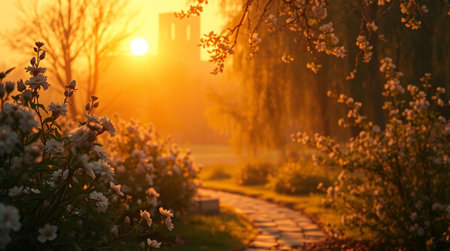 Sunset in the spring garden with blooming white flowers and grassの写真素材