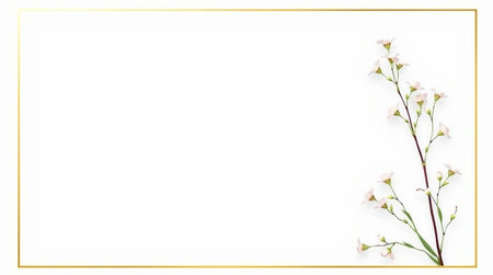 White flowers with gold frame on white background. Flat lay, top view.の写真素材