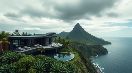 3d rendering of modern cozy house with pool and parking for sale or rent. Beautiful tropical island...