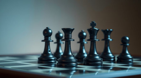Black chess pieces on a chessboard. Close-up. Selective focus.の写真素材