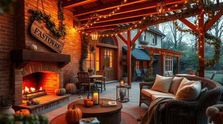 Halloween dinner in the backyard of a country house with a fireplaceの写真素材