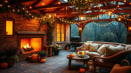 A cozy terrace with a fireplace and a wicker sofa on the porch of the house.の写真素材