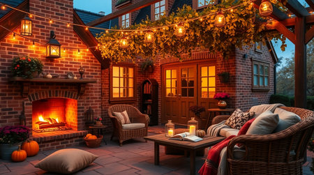 Beautiful cozy terrace with fireplace and wicker chairs in the eveningの写真素材