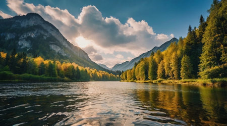 Mountain landscape with river and forest at sunset. Panoramic viewの写真素材
