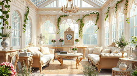 3D render of a living room in a classic style with large windowsの写真素材