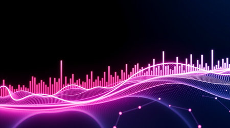 3D rendering of abstract digital sound waveform with glowing particles on dark background