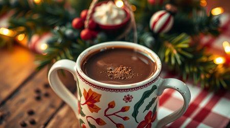 Hot chocolate with marshmallows and christmas decoration on wooden backgroundの写真素材
