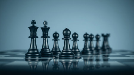 Black chess pieces on the chessboard. 3D illustration. Selective focus.の写真素材