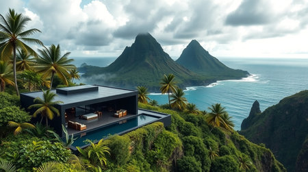 Modern cozy house with pool and parking. Mountain view on background.
