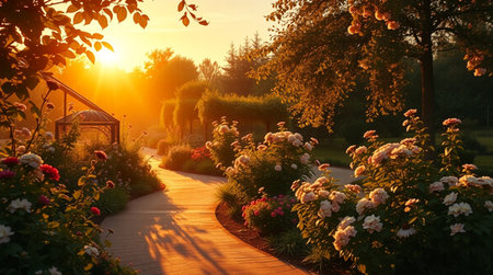 Sunset in the garden with blooming flowers. Beautiful summer landscape.の写真素材