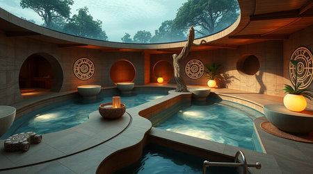 3D rendering of a spa with a view of the pool.の写真素材