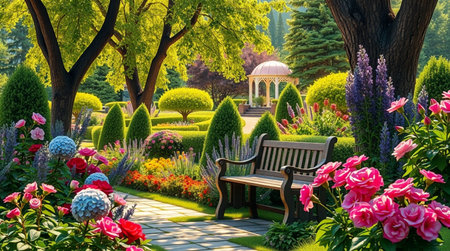 Gazebo in the garden with blooming flowers. Spring landscape.の写真素材