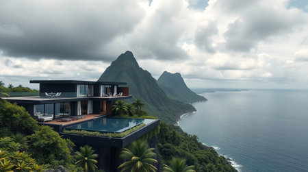3d rendering of modern cozy house with pool and parking for sale or rent. Beautiful tropical island...