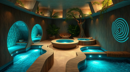 3D CG rendering of luxury spa with pool and blue tile floor