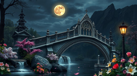Fantasy landscape with bridge and full moon at night. 3D renderingの写真素材