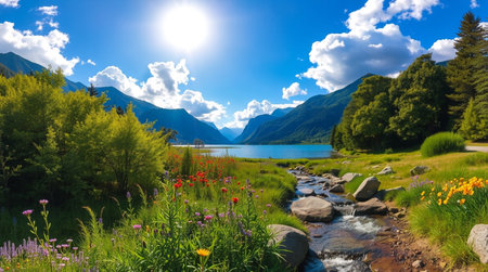 Beautiful summer landscape with mountain lake, blue sky and white cloudsの写真素材