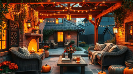 3d illustration of a cozy terrace decorated for Halloween party.