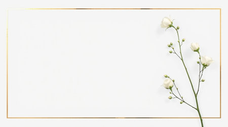 White flowers on a white background with gold frame. Place for text.の写真素材