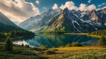 Panoramic view of the lake and mountains in the background.