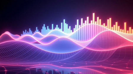 abstract 3d illustration of sound wave with glowing lines and dotsの写真素材