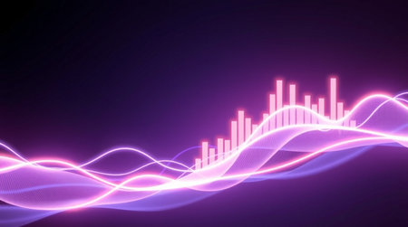 abstract background with a glowing sound wave in purple and pink colorsの写真素材