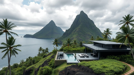 Panoramic view of a luxury villa on a hill overlooking the sea
