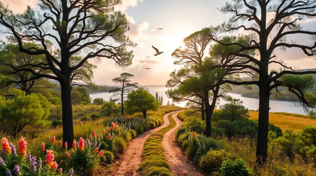 Landscape with a path to the sea and a pine tree.の写真素材